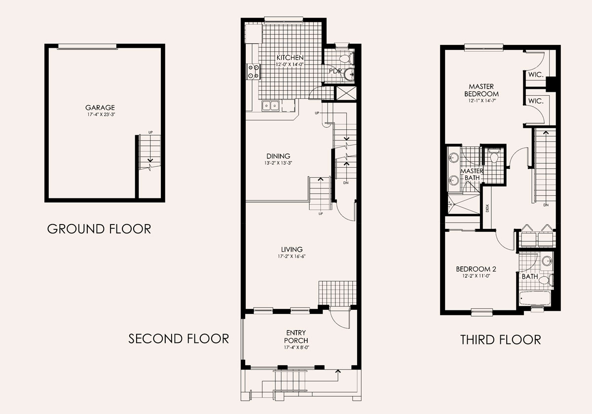 Santa Rosa Townhome Floor Plan in Paseo, 3 bedroom, 2.5 bath, living room, dining room, loft (optional 4th bedroom) and 2-car garage